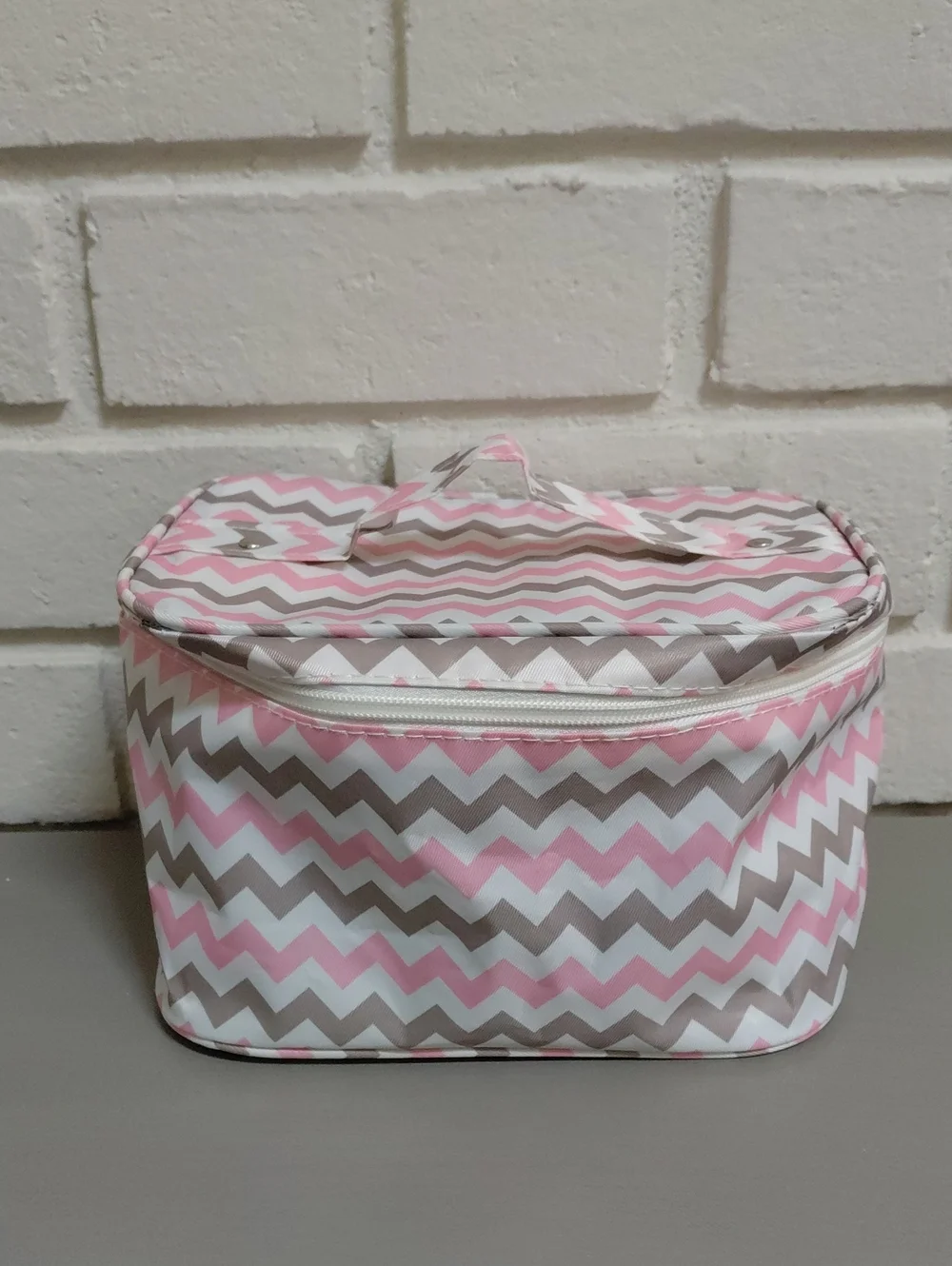 Pink & Gray Chevron Cosmetic Bag with Peach Sheet Mask & Lip Gloss. NWT